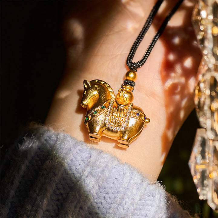 Buddha Stones Year Of The Horse 24k Gold Plated Brass Rope Cord Necklace Pendant - image 6