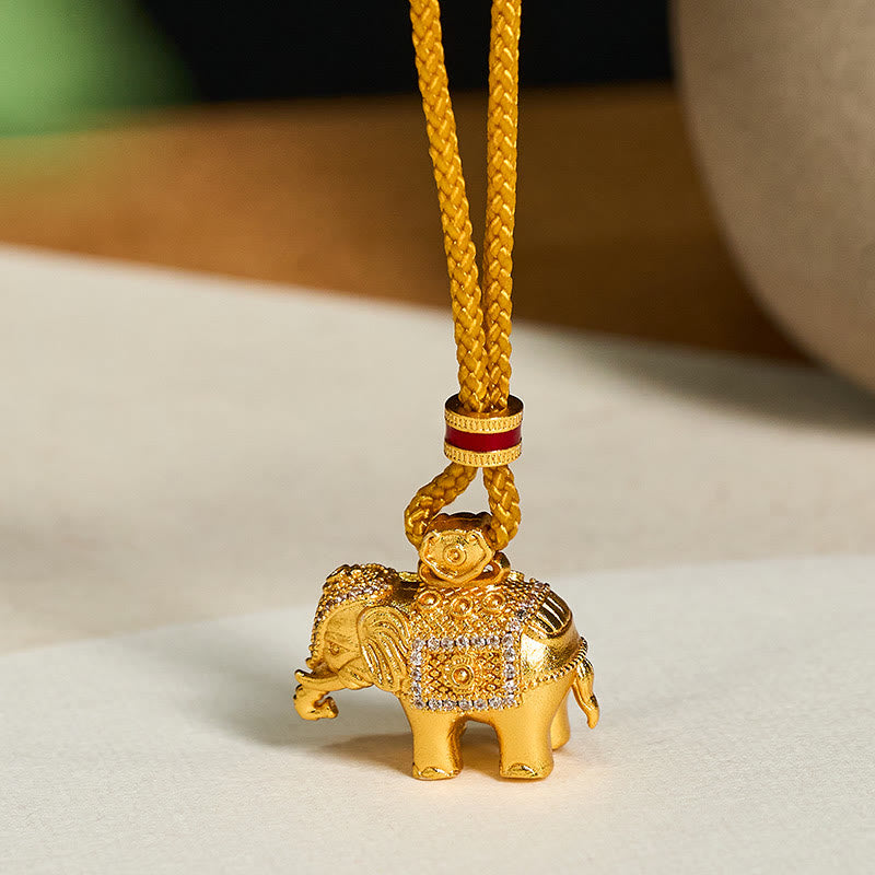 Buddha Stones 24k Gold Plated Brass Elephant Charm Strength Rope Necklace Pendant - image 1