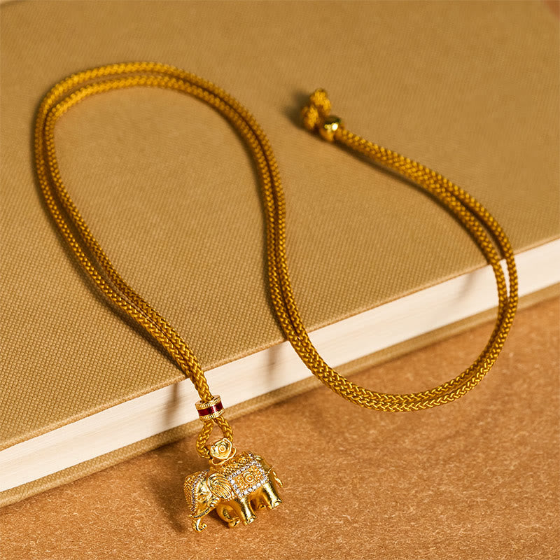 Buddha Stones 24k Gold Plated Brass Elephant Charm Strength Rope Necklace Pendant - image 3