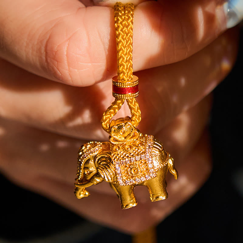 Buddha Stones 24k Gold Plated Brass Elephant Charm Strength Rope Necklace Pendant - image 4