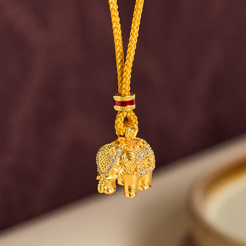 Buddha Stones 24k Gold Plated Brass Elephant Charm Strength Rope Necklace Pendant - image 2