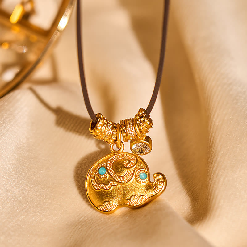 Buddha Stones Elephant Symbol 24k Gold Plated Brass Strength Rope Necklace Pendant - image 3