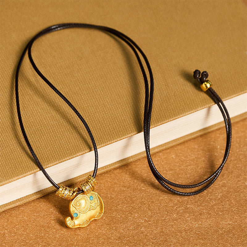 Buddha Stones Elephant Symbol 24k Gold Plated Brass Strength Rope Necklace Pendant - image 4