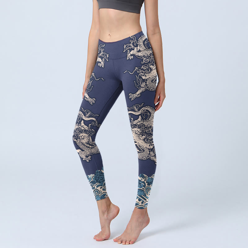 Buddha Stones Symmetry Dragon Wave Pattern Print Gym Leggings Women's Yoga Pants - MidnightBlue - US18，UK/AU22，EU50 (4XL) - image 0