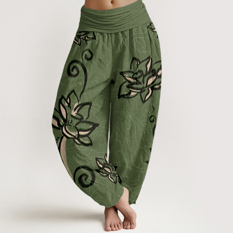 Buddha Stones Cotton Casual Lotus Auspicious Clouds Design Women's Elastic Waist Harem Pants - MediumSeaGreen - US22，UK/AU26，EU54 (6XL) - image 0