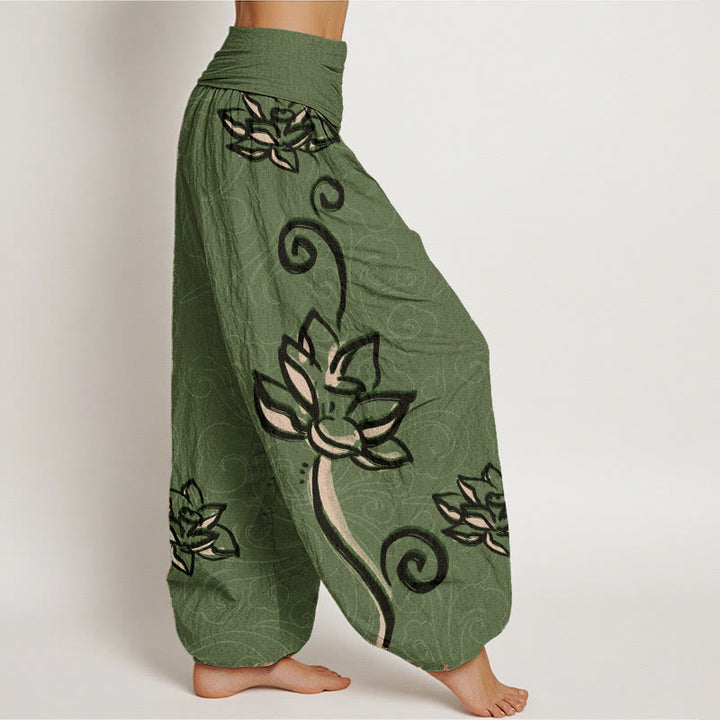 Buddha Stones Cotton Casual Lotus Auspicious Clouds Design Women's Elastic Waist Harem Pants - image 2