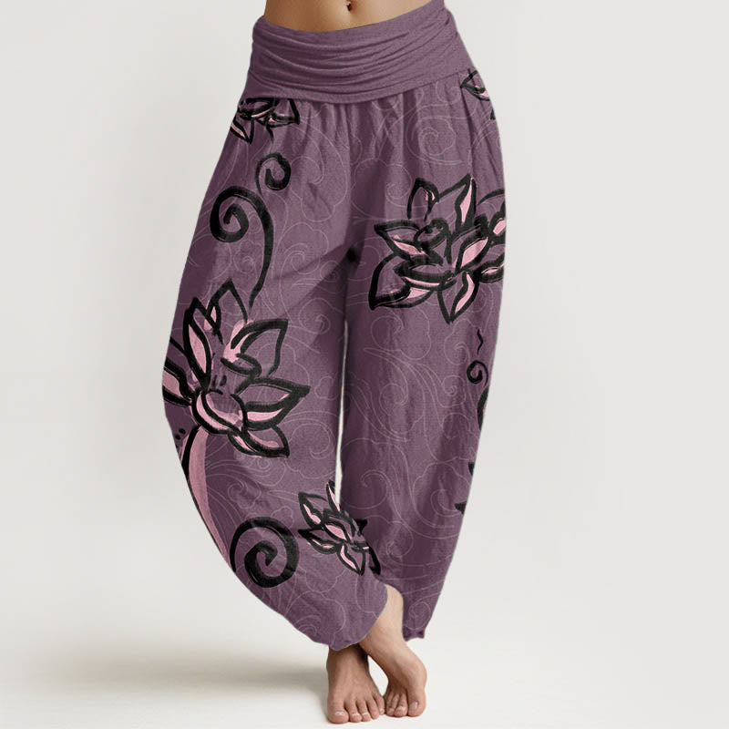 Buddha Stones Cotton Casual Lotus Auspicious Clouds Design Women's Elastic Waist Harem Pants - DarkMagenta - US22，UK/AU26，EU54 (6XL) - image 7