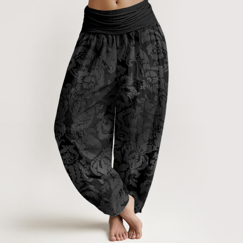 Buddha Stones Cotton Casual Flower Leaves Design Women's Elastic Waist Harem Pants - Black - US22，UK/AU26，EU54 (6XL) - image 4