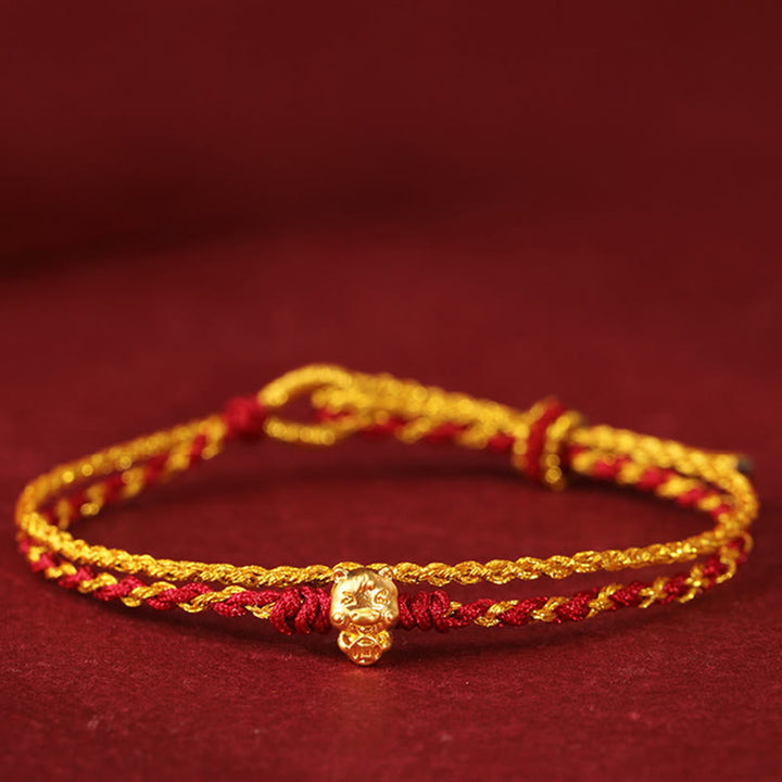 Buddha Stones 999 Gold Beads Year Of The Horse Double Wrap Golden Red String Luck Bracelet - 999 Gold Horse - image 0