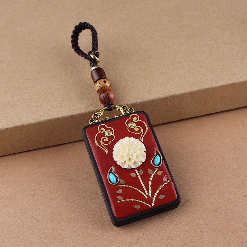 Buddha Stones Ebony Flower Koi Fish Fu Character Button Rope Key Chain - Brown Button Rope - Hydrangea - image 12