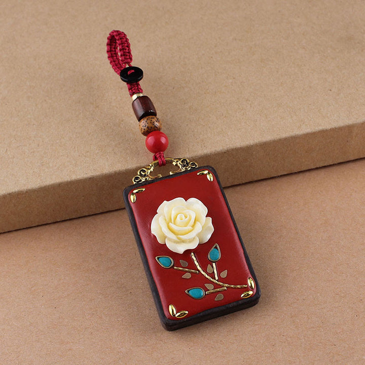 Buddha Stones Ebony Flower Koi Fish Fu Character Button Rope Key Chain - Red Button Rope - Rose - image 14