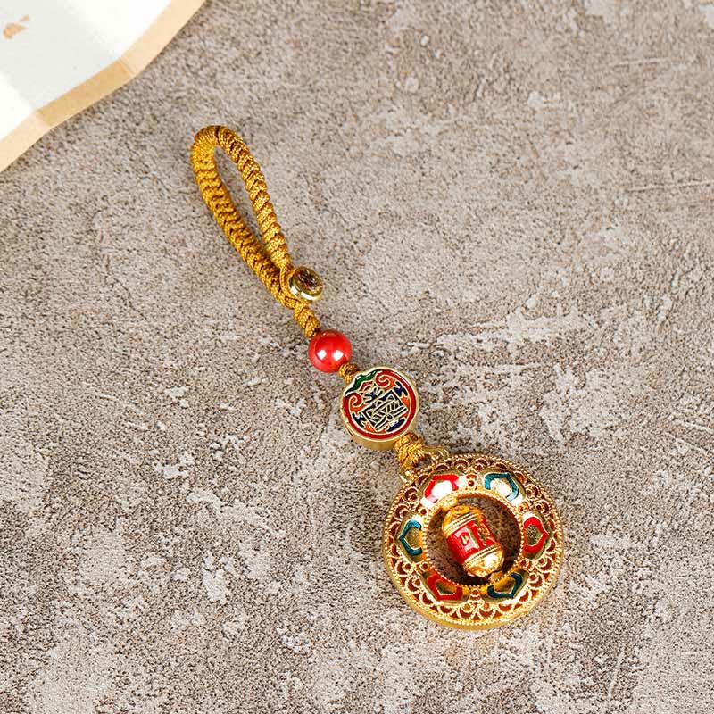 Buddha Stones Copper Prayer Wheel Five Directions Gods Of Wealth Balance Rotatable Key Chain - image 1