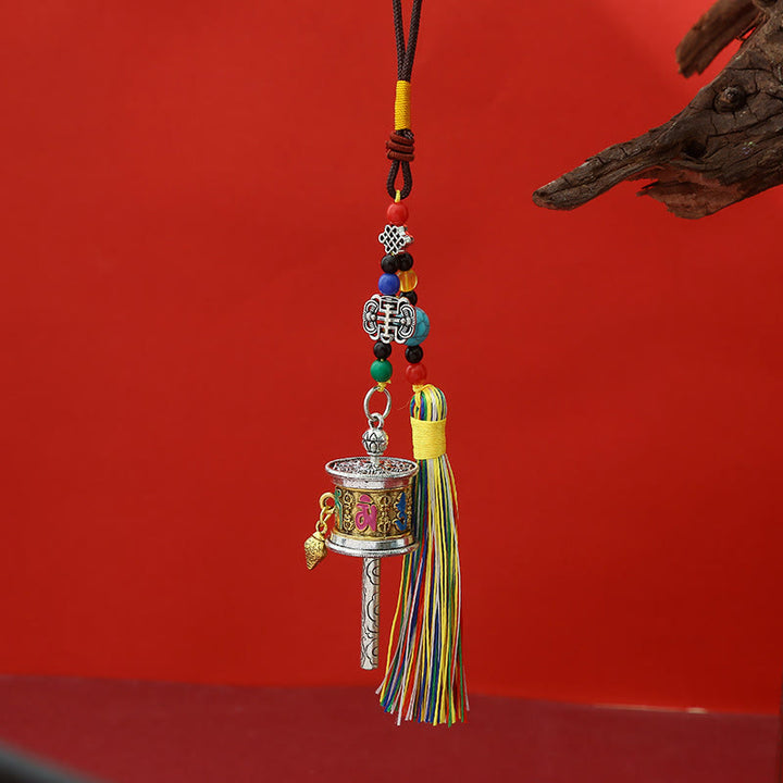 Buddha Stones Prayer Wheel Om Mani Padme Hum Colorful Tassels Purity Key Chain - Vintage Gold - image 9