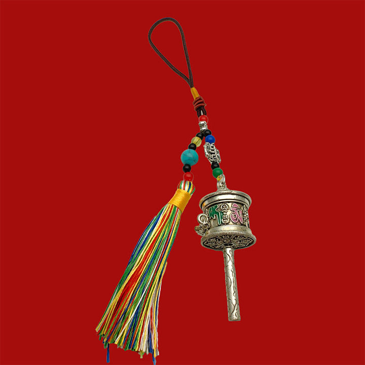 Buddha Stones Prayer Wheel Om Mani Padme Hum Colorful Tassels Purity Key Chain - Antique Silver - image 11