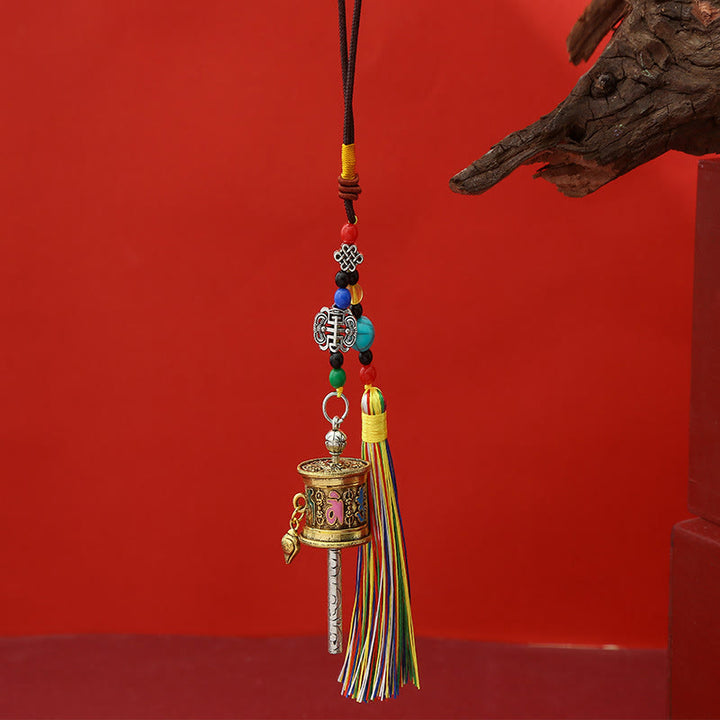 Buddha Stones Prayer Wheel Om Mani Padme Hum Colorful Tassels Purity Key Chain - Light Antique Gold - image 13