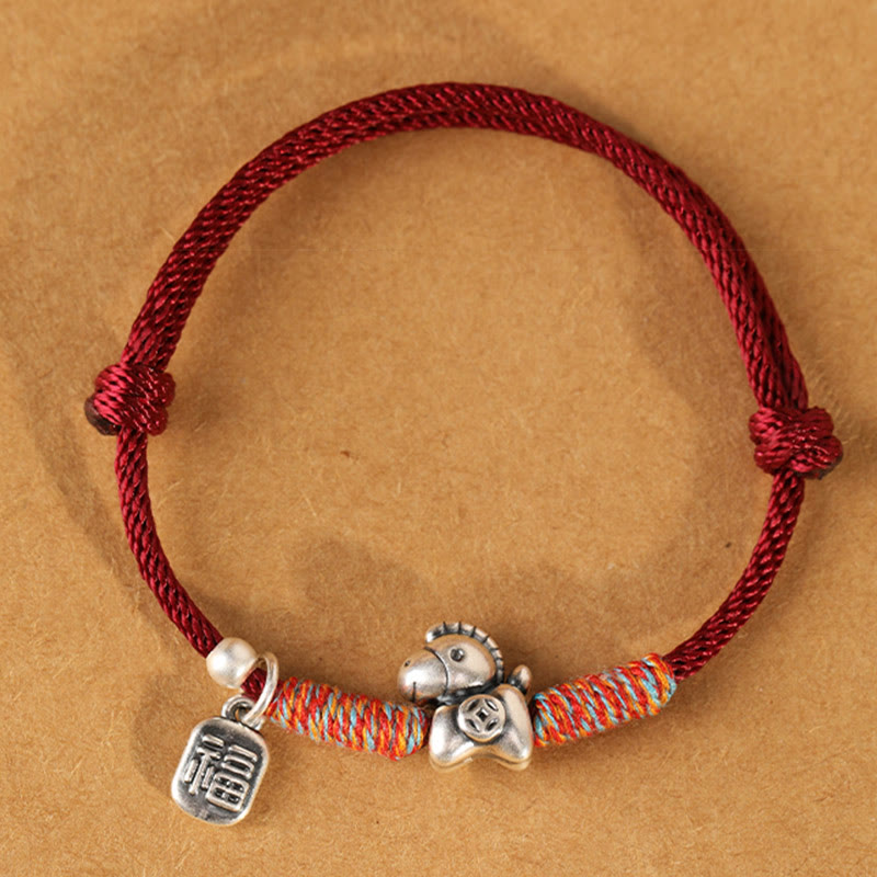 Buddha Stones 999 Sterling Silver Year Of The Horse Fu Character Charm String Braided Luck Bracelet - image 2
