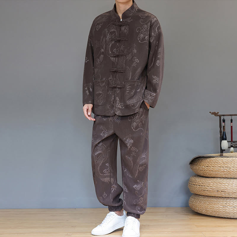 Buddha Stones 2Pcs Fall Winter Men's Tang Suit Dragon Frog-Button Cotton Corduroy Long Sleeve Jacket Pants Set With Pockets - image 6