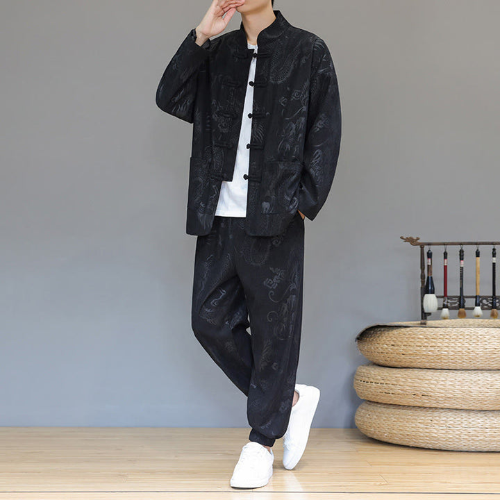 Buddha Stones 2Pcs Fall Winter Men's Tang Suit Dragon Frog-Button Cotton Corduroy Long Sleeve Jacket Pants Set With Pockets - image 19