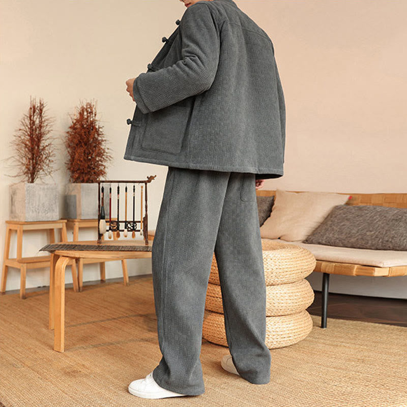 Buddha Stones 2Pcs Winter Solid Men's Tang Suit Frog-Button Cotton Long Sleeve Jacket Pants Set With Pockets - image 3