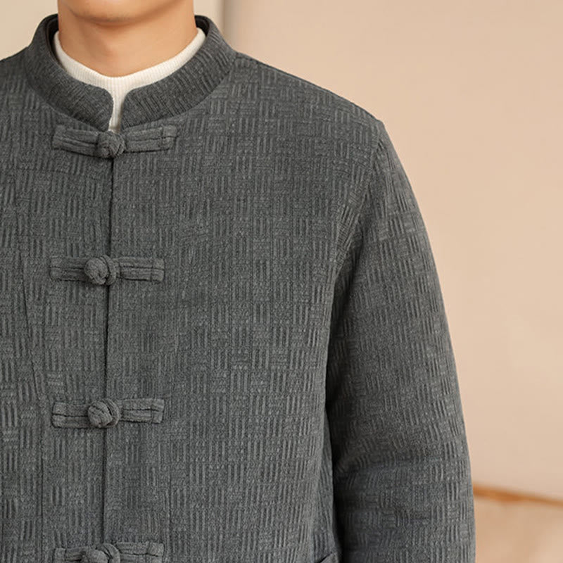 Buddha Stones 2Pcs Winter Solid Men's Tang Suit Frog-Button Cotton Long Sleeve Jacket Pants Set With Pockets - image 10