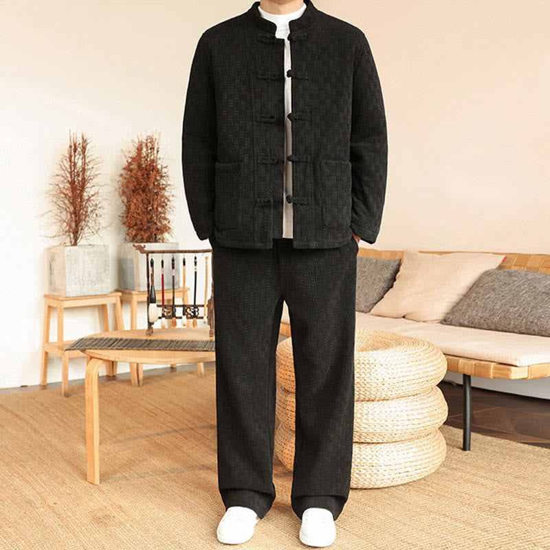 Buddha Stones 2Pcs Winter Solid Men's Tang Suit Frog-Button Cotton Long Sleeve Jacket Pants Set With Pockets - Black - US/UK/AU46，EU56 (5XL) - image 17