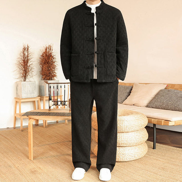 Buddha Stones 2Pcs Winter Solid Men's Tang Suit Frog-Button Cotton Long Sleeve Jacket Pants Set With Pockets - Black - US/UK/AU46，EU56 (5XL) - image 17