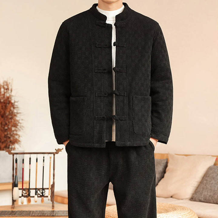 Buddha Stones 2Pcs Winter Solid Men's Tang Suit Frog-Button Cotton Long Sleeve Jacket Pants Set With Pockets - image 24