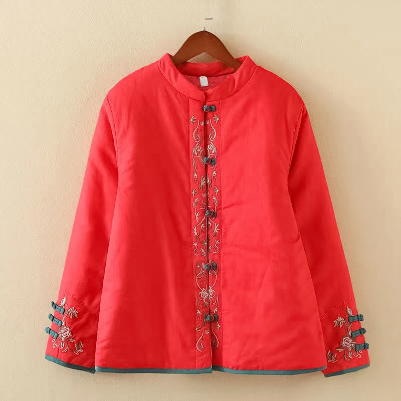 Buddha Stones Winter Flower Embroidery Frog-Button Long Sleeve Women's Thermal Jacket - Red - US12，UK/AU16，EU44 (3XL) - image 23