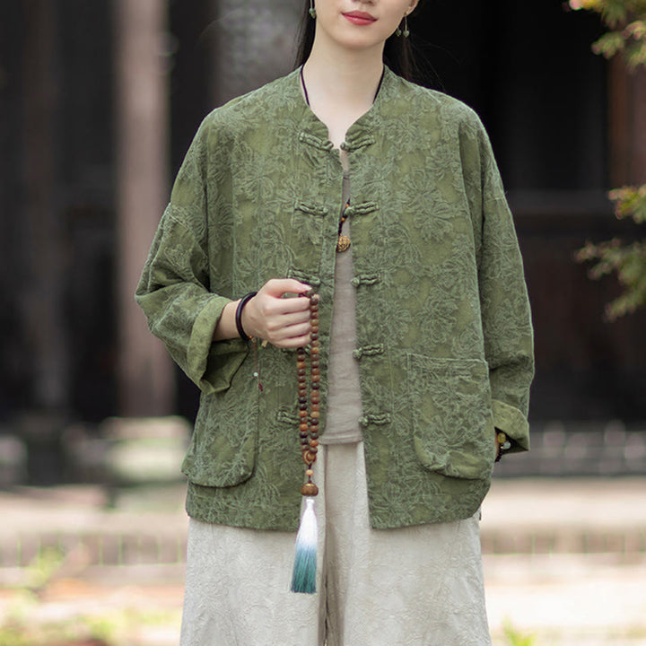 Buddha Stones Fall Jacquard Women's Frog-Button Long Sleeve Shirt Pants Cotton Linen Clothing - image 2