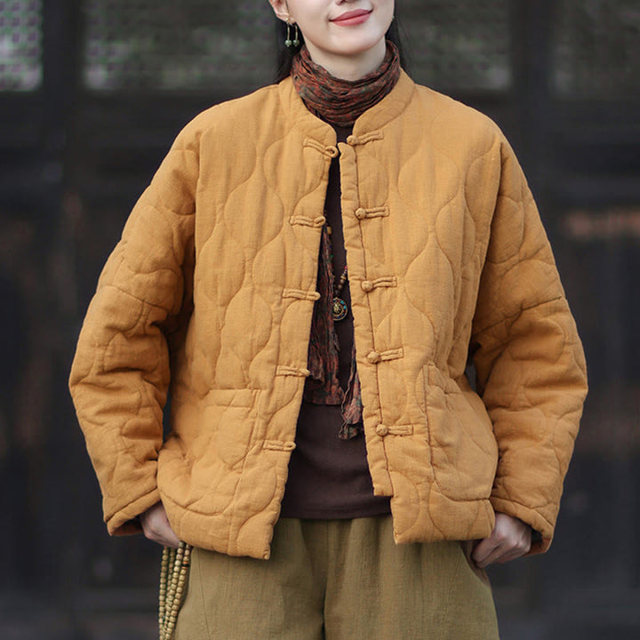 Buddha Stones Winter Curved Lines Frog-Button Ramie Cotton Long Sleeve Women's Thermal Jacket With Pockets - image 1