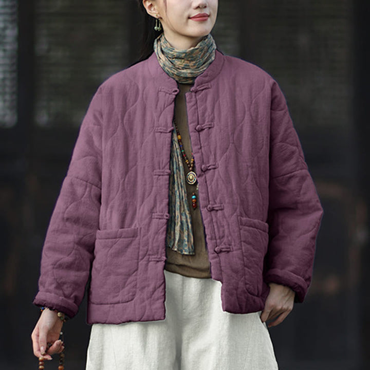 Buddha Stones Winter Curved Lines Frog-Button Ramie Cotton Long Sleeve Women's Thermal Jacket With Pockets - image 41