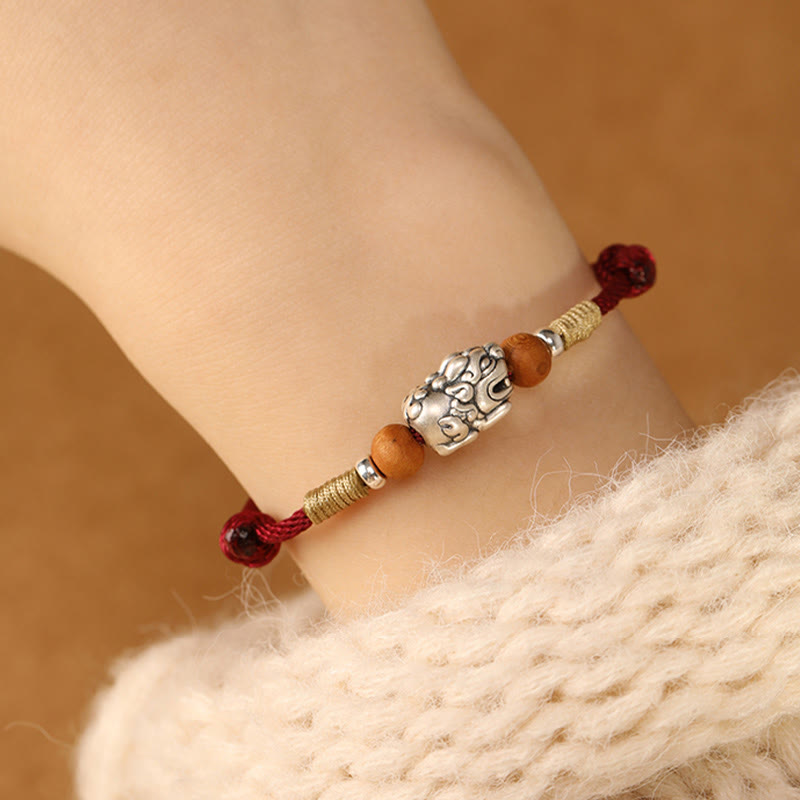 Buddha Stones 999 Sterling Silver Pixiu Charm Peach Wood Bead Handmade String Braided Luck Bracelet Anklet - image 9