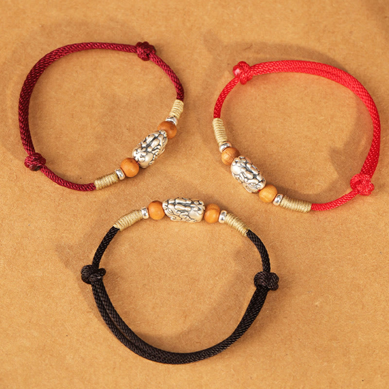 Buddha Stones 999 Sterling Silver Pixiu Charm Peach Wood Bead Handmade String Braided Luck Bracelet Anklet - image 24