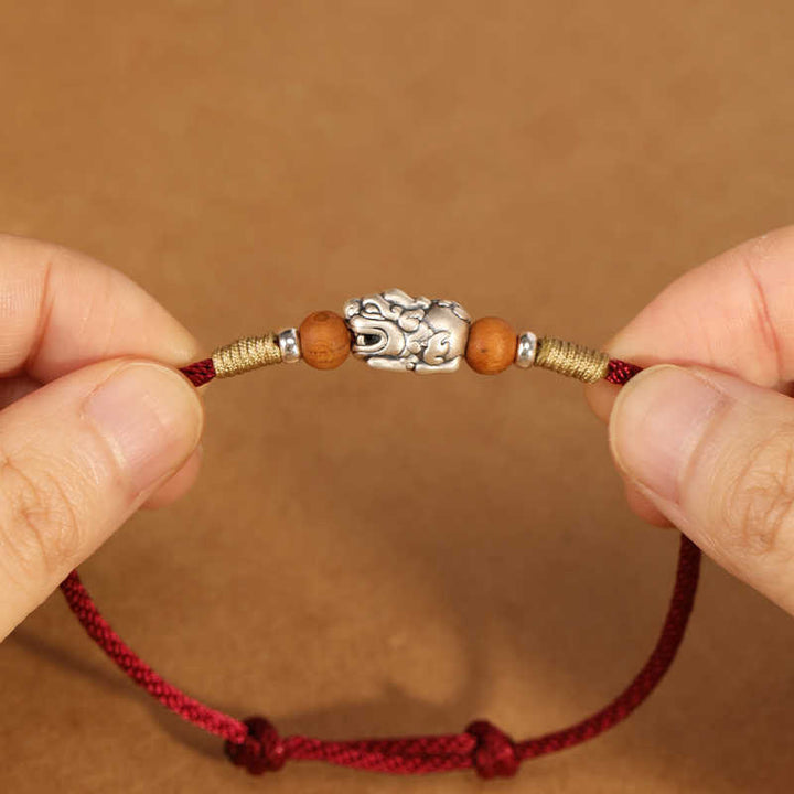 Buddha Stones 999 Sterling Silver Pixiu Charm Peach Wood Bead Handmade String Braided Luck Bracelet Anklet - image 2