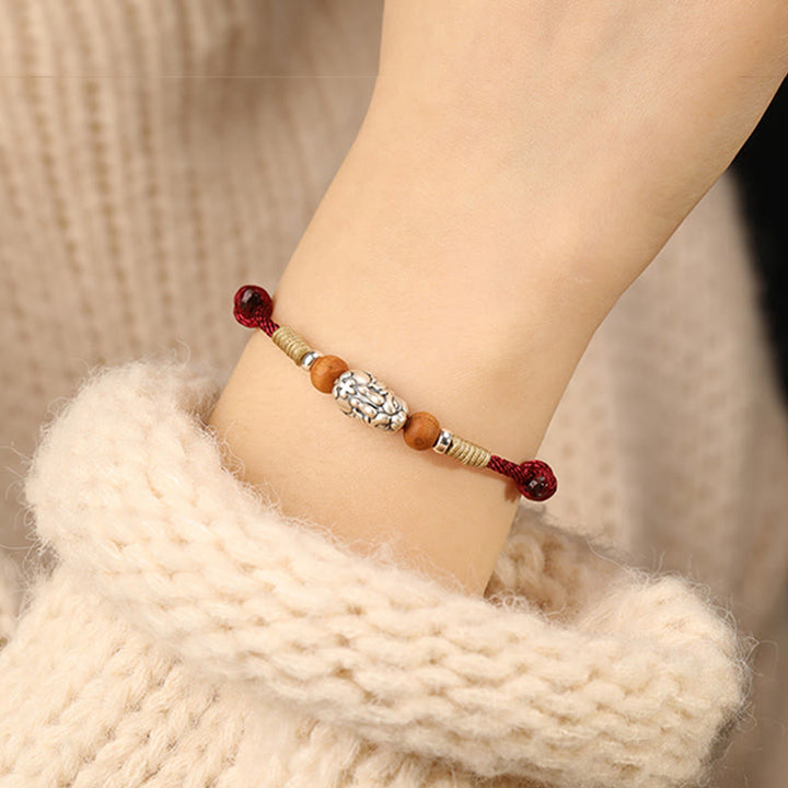 Buddha Stones 999 Sterling Silver Pixiu Charm Peach Wood Bead Handmade String Braided Luck Bracelet Anklet - image 10