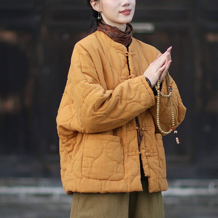 Buddha Stones Winter Curved Lines Frog-Button Ramie Cotton Long Sleeve Women's Thermal Jacket With Pockets - image 6