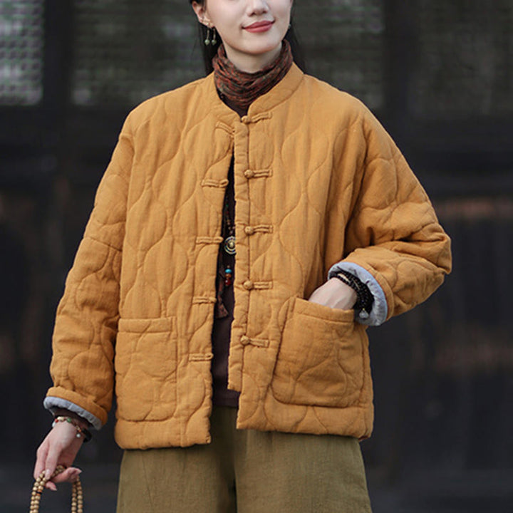 Buddha Stones Winter Curved Lines Frog-Button Ramie Cotton Long Sleeve Women's Thermal Jacket With Pockets - image 8