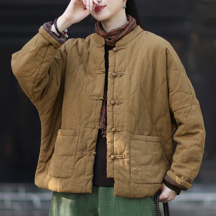 Buddha Stones Winter Curved Lines Frog-Button Ramie Cotton Long Sleeve Women's Thermal Jacket With Pockets - image 33