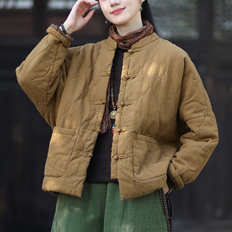 Buddha Stones Winter Curved Lines Frog-Button Ramie Cotton Long Sleeve Women's Thermal Jacket With Pockets - image 35