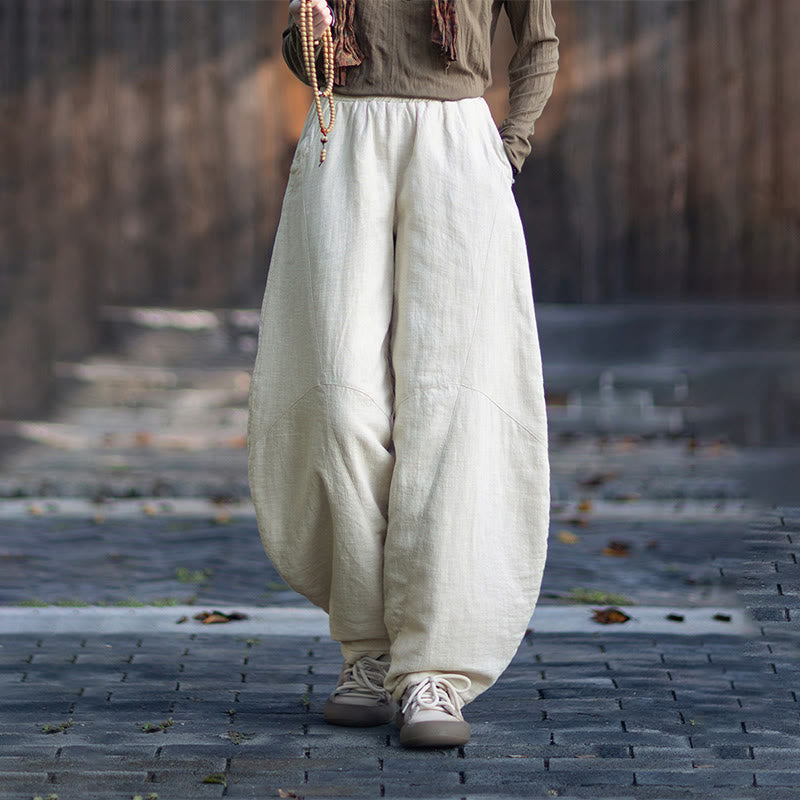 Buddha Stones Winter Elastic Waist Ramie Cotton Thermal Women's Pants With Pockets - Linen - US6，UK/AU10，EU38 (L) - image 8