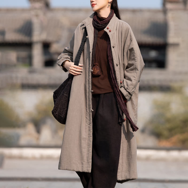 Buddha Stones Winter Solid Frog-Button Ramie Cotton Women's Long Sleeve Thermal Coat With Pockets - Tan - US6，UK/AU10，EU38 (M) - image 24