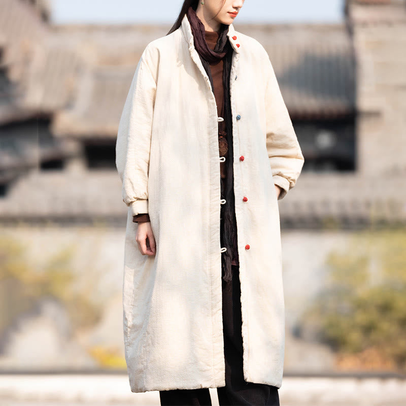 Buddha Stones Winter Solid Frog-Button Ramie Cotton Women's Long Sleeve Thermal Coat With Pockets - image 1