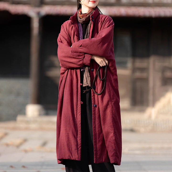 Buddha Stones Winter Solid Frog-Button Ramie Cotton Women's Long Sleeve Thermal Coat With Pockets - image 17