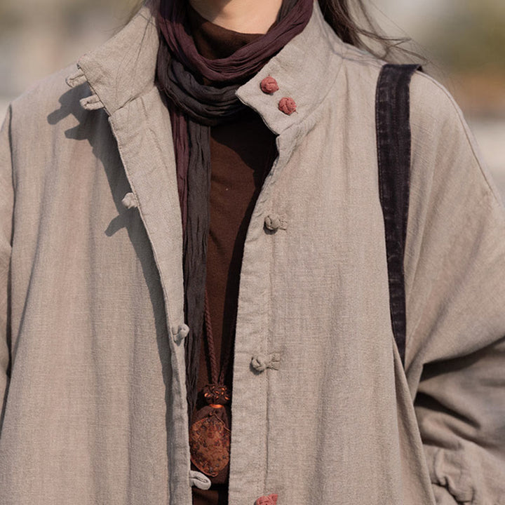 Buddha Stones Winter Solid Frog-Button Ramie Cotton Women's Long Sleeve Thermal Coat With Pockets - image 33