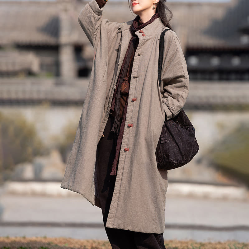 Buddha Stones Winter Solid Frog-Button Ramie Cotton Women's Long Sleeve Thermal Coat With Pockets - image 25