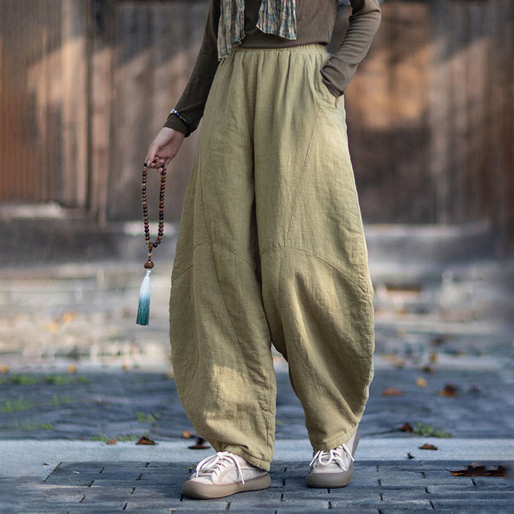 Buddha Stones Winter Elastic Waist Ramie Cotton Thermal Women's Pants With Pockets - image 3