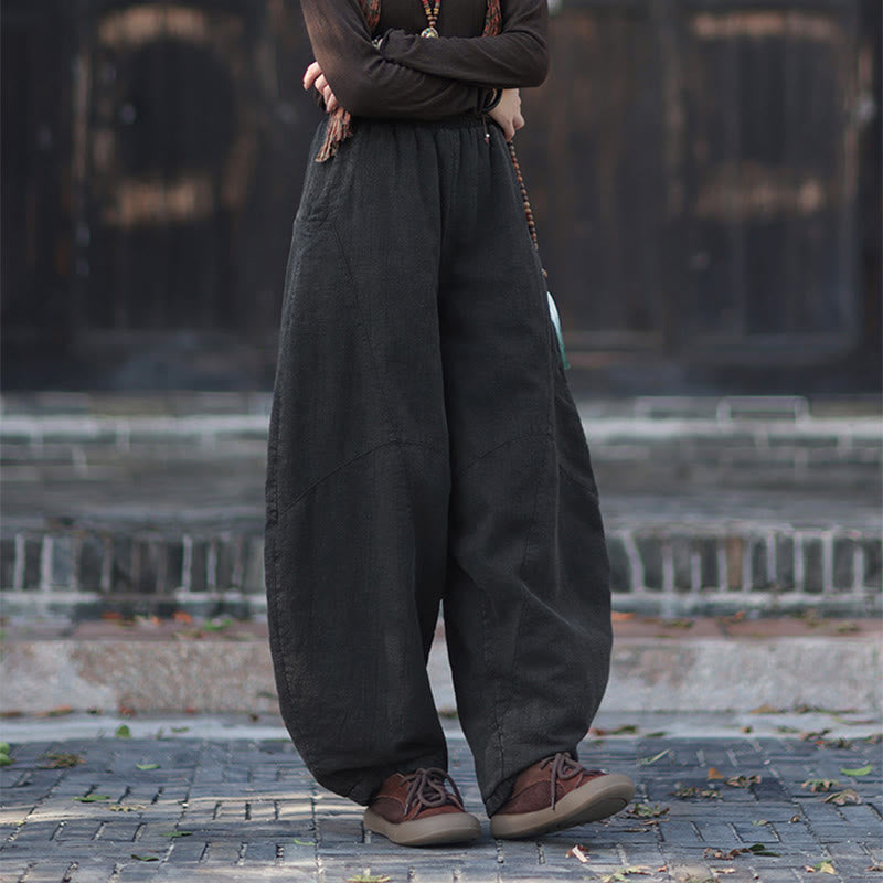 Buddha Stones Winter Elastic Waist Ramie Cotton Thermal Women's Pants With Pockets - image 22