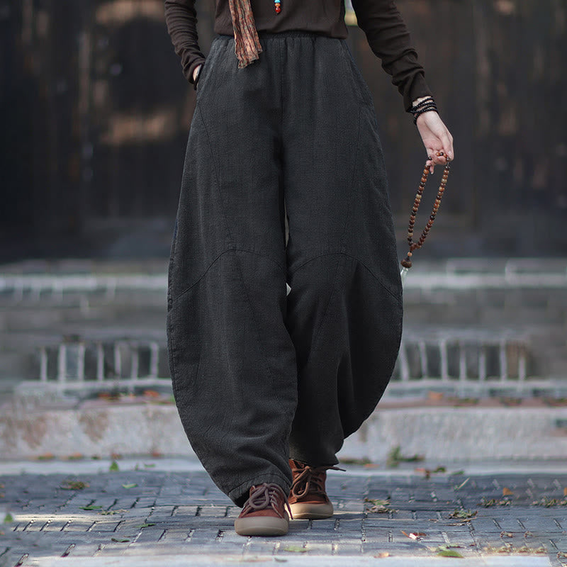 Buddha Stones Winter Elastic Waist Ramie Cotton Thermal Women's Pants With Pockets - image 21