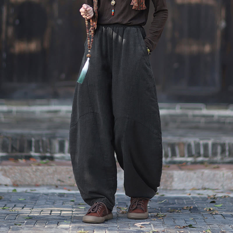 Buddha Stones Winter Elastic Waist Ramie Cotton Thermal Women's Pants With Pockets - image 25