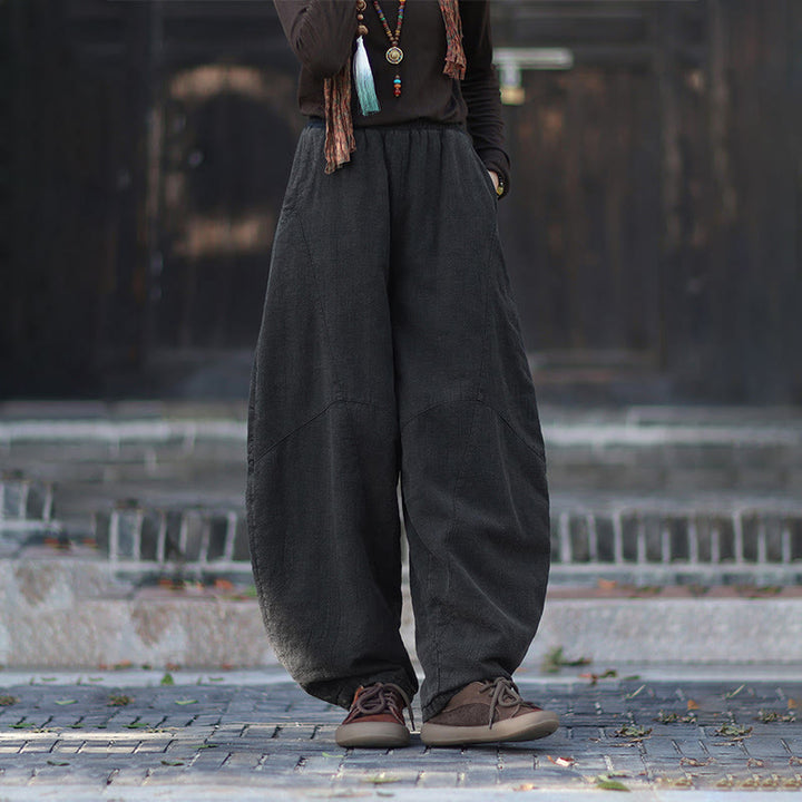 Buddha Stones Winter Elastic Waist Ramie Cotton Thermal Women's Pants With Pockets - image 24